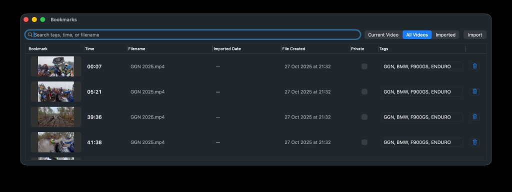 QuickPreview bookmark manager showing search, sorting, tags, preview thumbnails, and import controls.